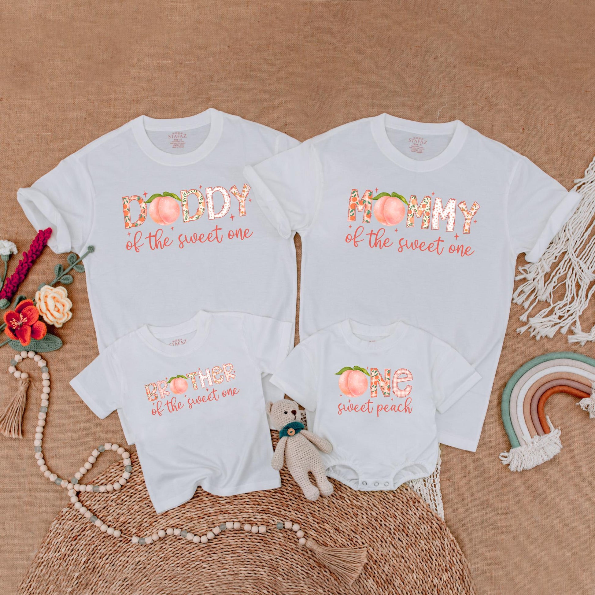 One Sweet Peach First Birthday Matching Family Shirts Mama Dad Baby Girl Sweet One Outfit Peach Theme Party Summer Boho Comfortable