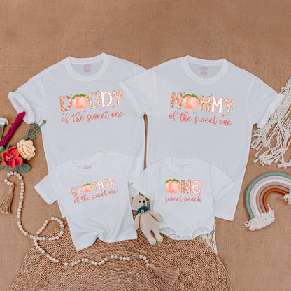 One Sweet Peach First Birthday Matching Family Shirts Mama Dad Baby Girl Sweet One Outfit Peach Theme Party Summer Boho Comfortable