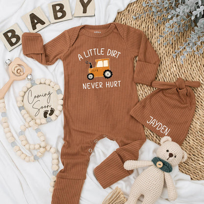 Personalized A Little Dirt Never Hurt Baby Bodysuit Custom Name Farm Tractor Country Boy Outfit Newborn Baby Shower Gift Idea