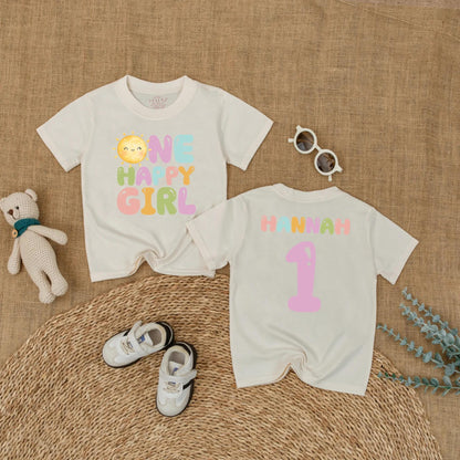 Custom Name One Happy Girl First Birthday Bubble Romper Baby Girl Outfit First Trip Around the Sun Groovy Retro Sunshine Short Sleeve Bodysuit