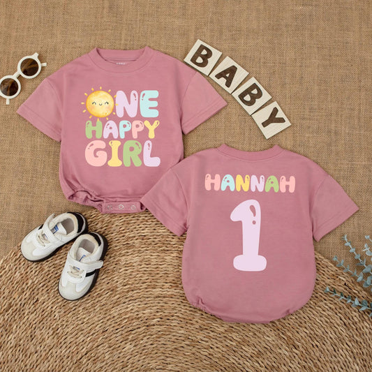 Custom Name One Happy Girl First Birthday Bubble Romper Baby Girl Outfit First Trip Around the Sun Groovy Retro Sunshine Short Sleeve Bodysuit