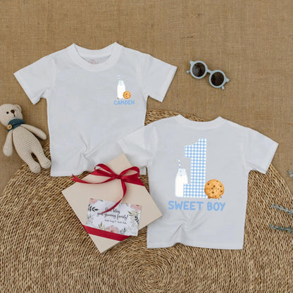 Custom Name One Sweet Boy Cookie Bubble Romper First Birthday Baby Boy Outfit Short Sleeves Summer Milk Cookies Party Theme Gift Apparel