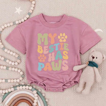 Retro 'My Bestie Has Paws' Baby Romper with Olive Green, Orange, Teal & Pink Colors, Pet Lover Baby Bodysuit Gift
