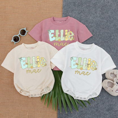Personalized Lemon T-shirt Bubble Romper for Baby Girl - Custom Name Bodysuit, Floral Outfit Summer Baby Gift, Cute Toddler Clothes