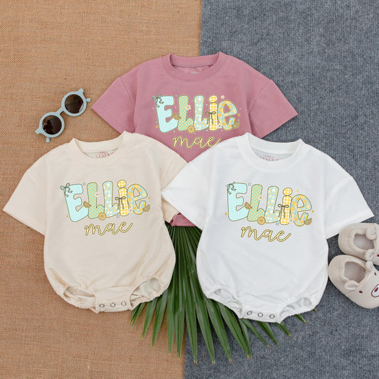 Personalized Lemon T-shirt Bubble Romper for Baby Girl - Custom Name Bodysuit, Floral Outfit Summer Baby Gift, Cute Toddler Clothes