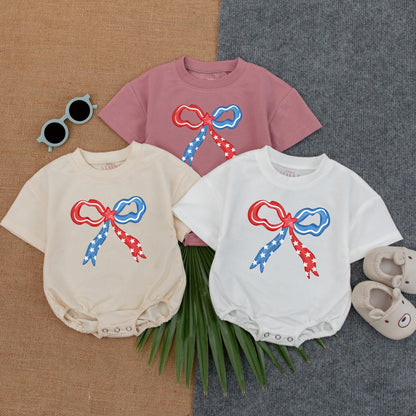 Red White Cute Bubble Romper USA Toddler Baby Outfit First Birthday Memorial Day Trendy Short Sleeve American Flag Baby Shower Gift