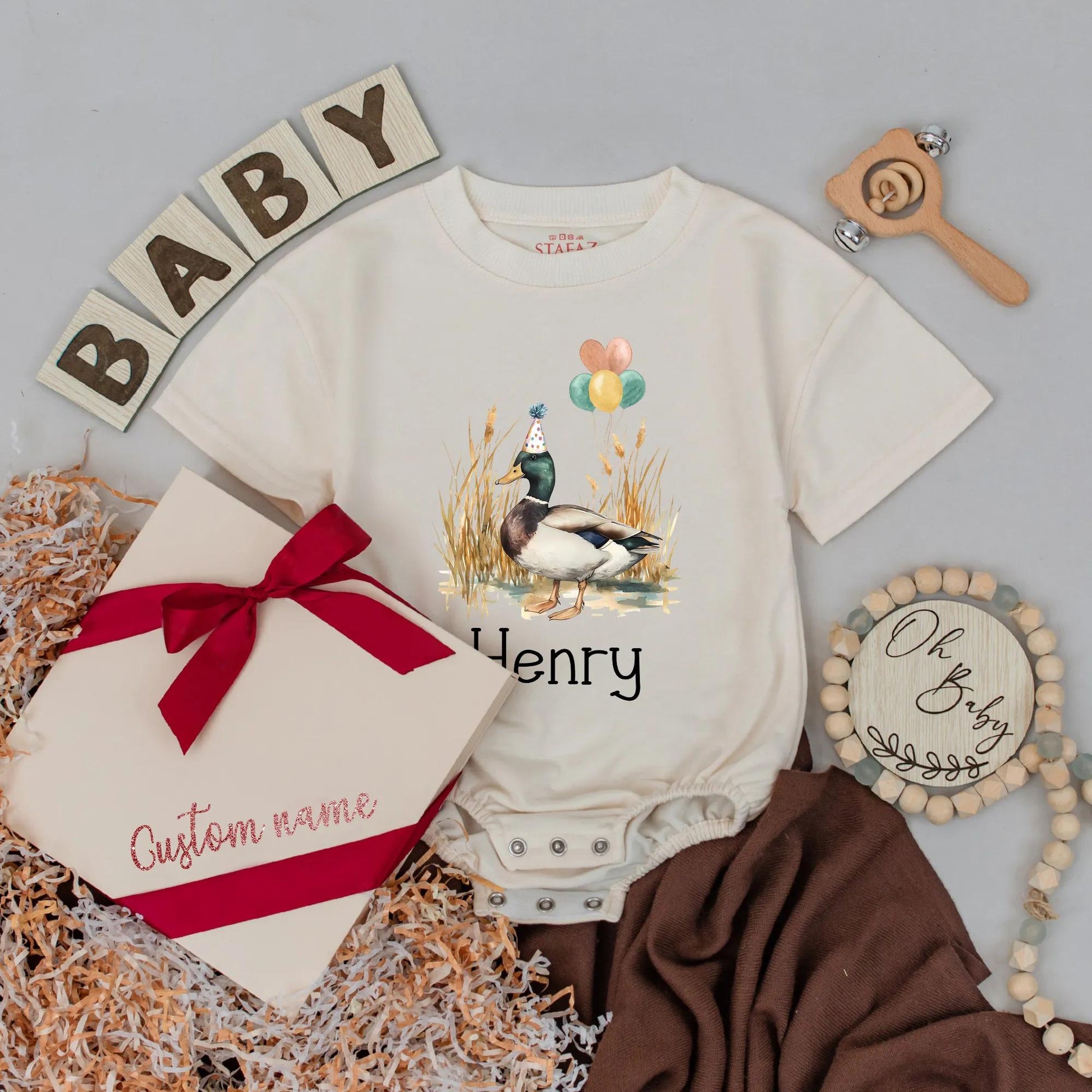 Personalized Mallard Duck Bubble Romper Birthday Outfit Farm Animal Theme Baby Boy Girl Cute Spring Summer First Celebration Gift