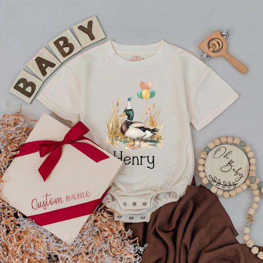 Personalized Mallard Duck Bubble Romper Birthday Outfit Farm Animal Theme Baby Boy Girl Cute Spring Summer First Celebration Gift