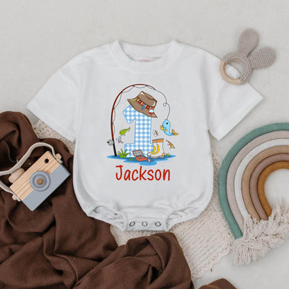 Custom The Big One Fishing Birthday Romper for Baby Boy - Personalized Name Bubble Romper, Daddy's Fishing Buddy Outfit, First Birthday Gift (137 chars)