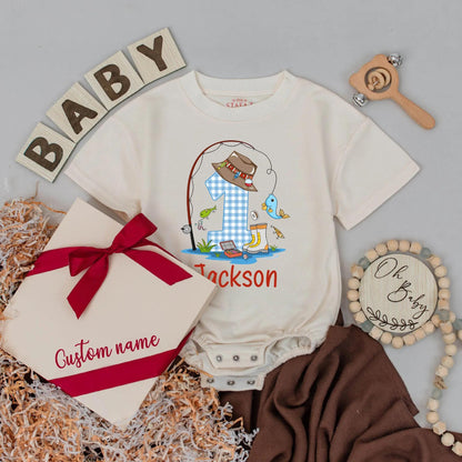 Custom The Big One Fishing Birthday Romper for Baby Boy - Personalized Name Bubble Romper, Daddy's Fishing Buddy Outfit, First Birthday Gift (137 chars)