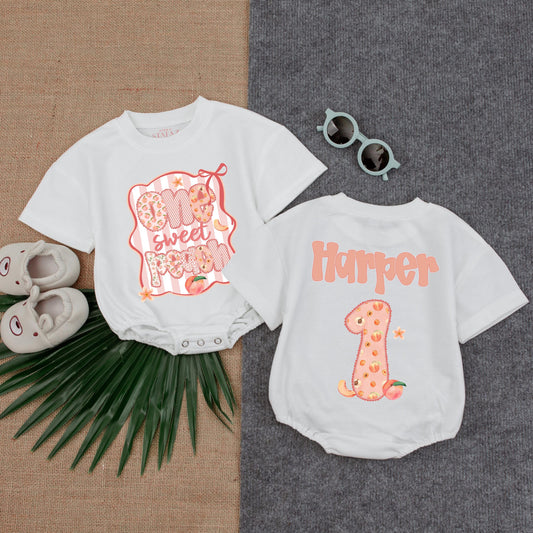 Sweet Little Peach Bubble Romper Baby Girl Outfit Custom Peach First Birthday Baby Shower Gift Adorable Peachy Design
