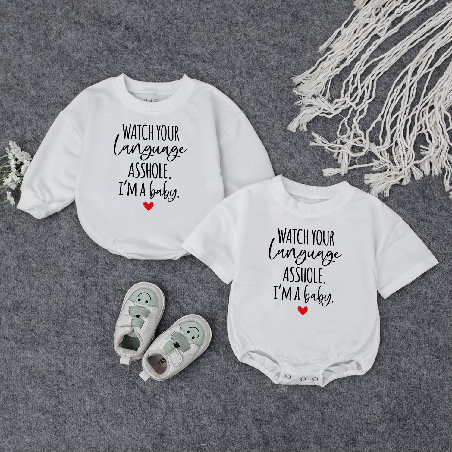 Watch Your Language Baby Funny Bubble Romper Bodysuit Sweater Outfit Soft Cotton Clothes Newborn Infant Baby Shower Gift Announcement
