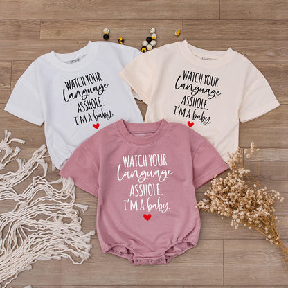 Watch Your Language Baby Funny Bubble Romper Bodysuit Sweater Outfit Soft Cotton Clothes Newborn Infant Baby Shower Gift Announcement