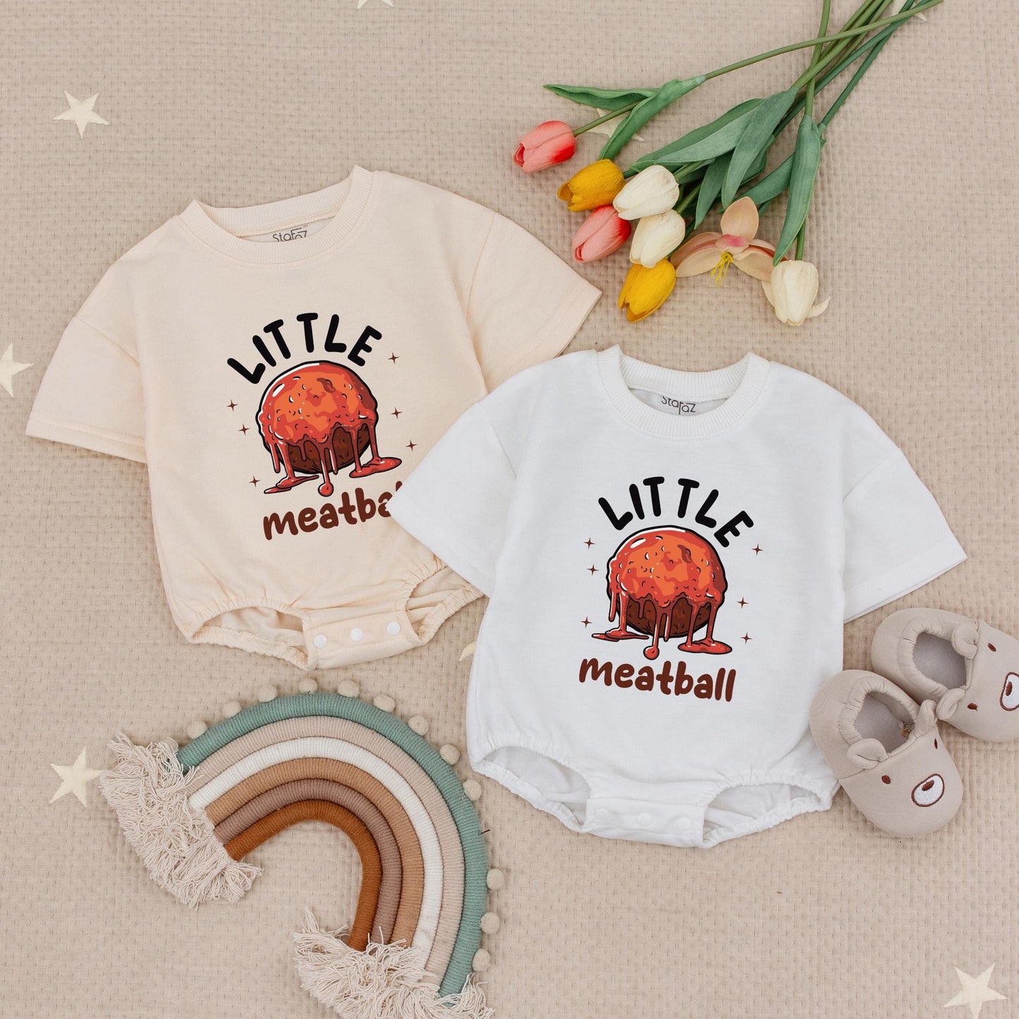 Little Meatball Baby Romper Cute Italian Food Pun Bodysuit Newborn Gift, Funny Infant Clothes, Baby Shower Announcement Outfit