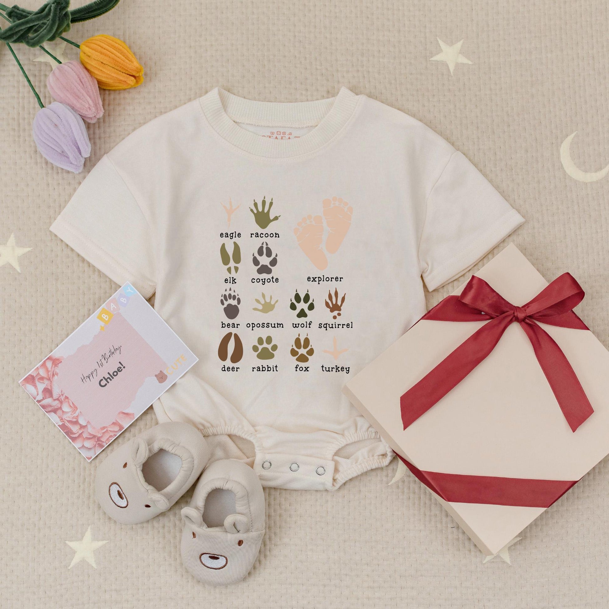 Explorer Animal Paw Prints Baby Romper Adventure Bodysuit Earthy Brown Green Nature Explore Wildlife Lover Newborn Gift