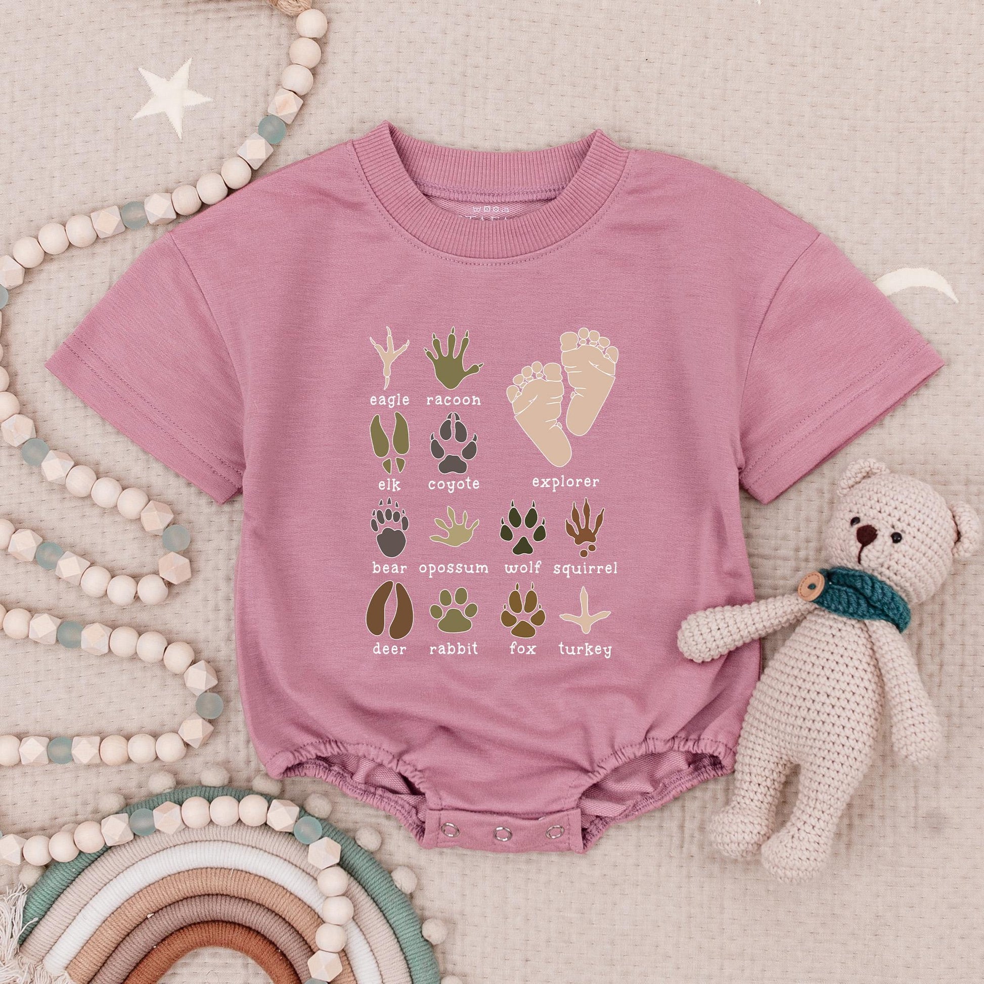 Explorer Animal Paw Prints Baby Romper Adventure Bodysuit Earthy Brown Green Nature Explore Wildlife Lover Newborn Gift