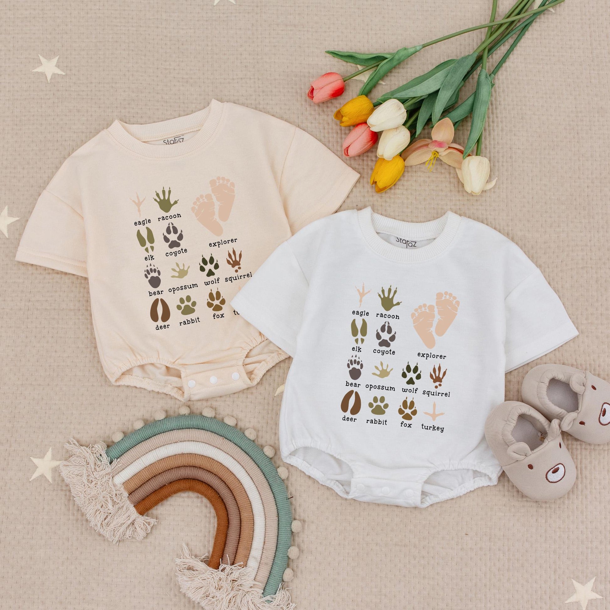 Explorer Animal Paw Prints Baby Romper Adventure Bodysuit Earthy Brown Green Nature Explore Wildlife Lover Newborn Gift