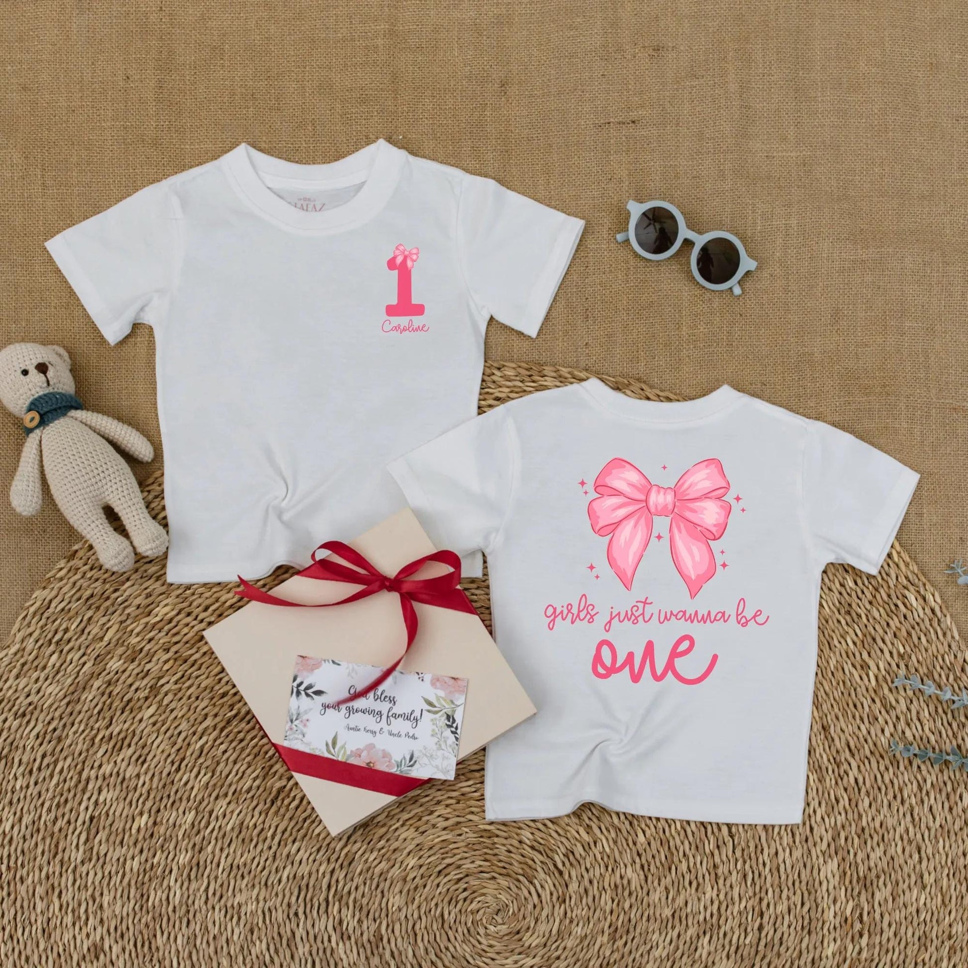 Personalized 1st Birthday Girl Romper, 'Caroline' & Pink Bow, Custom Baby Girl Bodysuit, 'Girls Just Wanna Be One' Outfit, 1 Year Gift