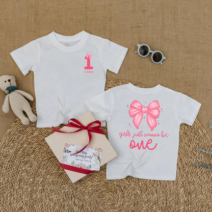 Personalized 1st Birthday Girl Romper, 'Caroline' & Pink Bow, Custom Baby Girl Bodysuit, 'Girls Just Wanna Be One' Outfit, 1 Year Gift