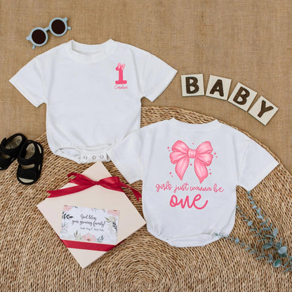 Personalized 1st Birthday Girl Romper, 'Caroline' & Pink Bow, Custom Baby Girl Bodysuit, 'Girls Just Wanna Be One' Outfit, 1 Year Gift