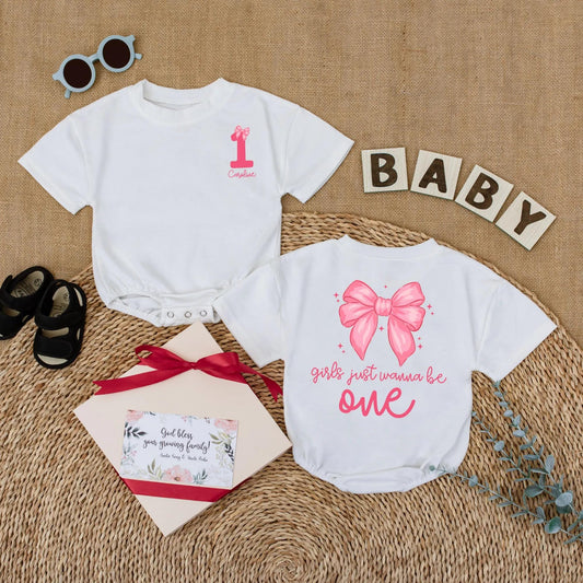 Personalized 1st Birthday Girl Romper, 'Caroline' & Pink Bow, Custom Baby Girl Bodysuit, 'Girls Just Wanna Be One' Outfit, 1 Year Gift