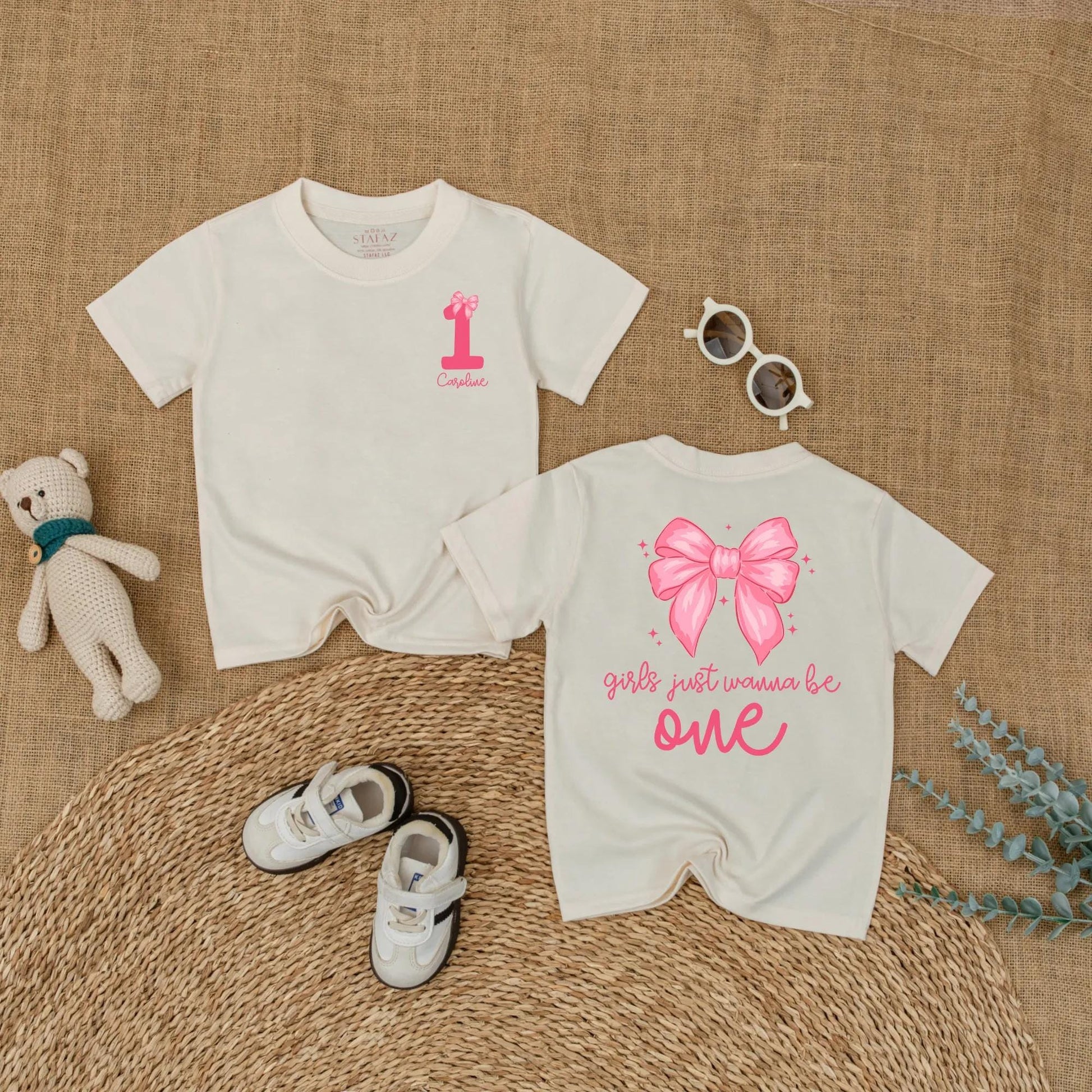 Personalized 1st Birthday Girl Romper, 'Caroline' & Pink Bow, Custom Baby Girl Bodysuit, 'Girls Just Wanna Be One' Outfit, 1 Year Gift