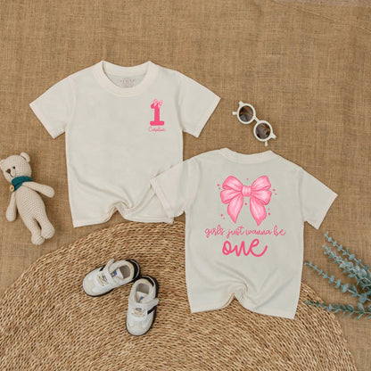 Personalized 1st Birthday Girl Romper, 'Caroline' & Pink Bow, Custom Baby Girl Bodysuit, 'Girls Just Wanna Be One' Outfit, 1 Year Gift