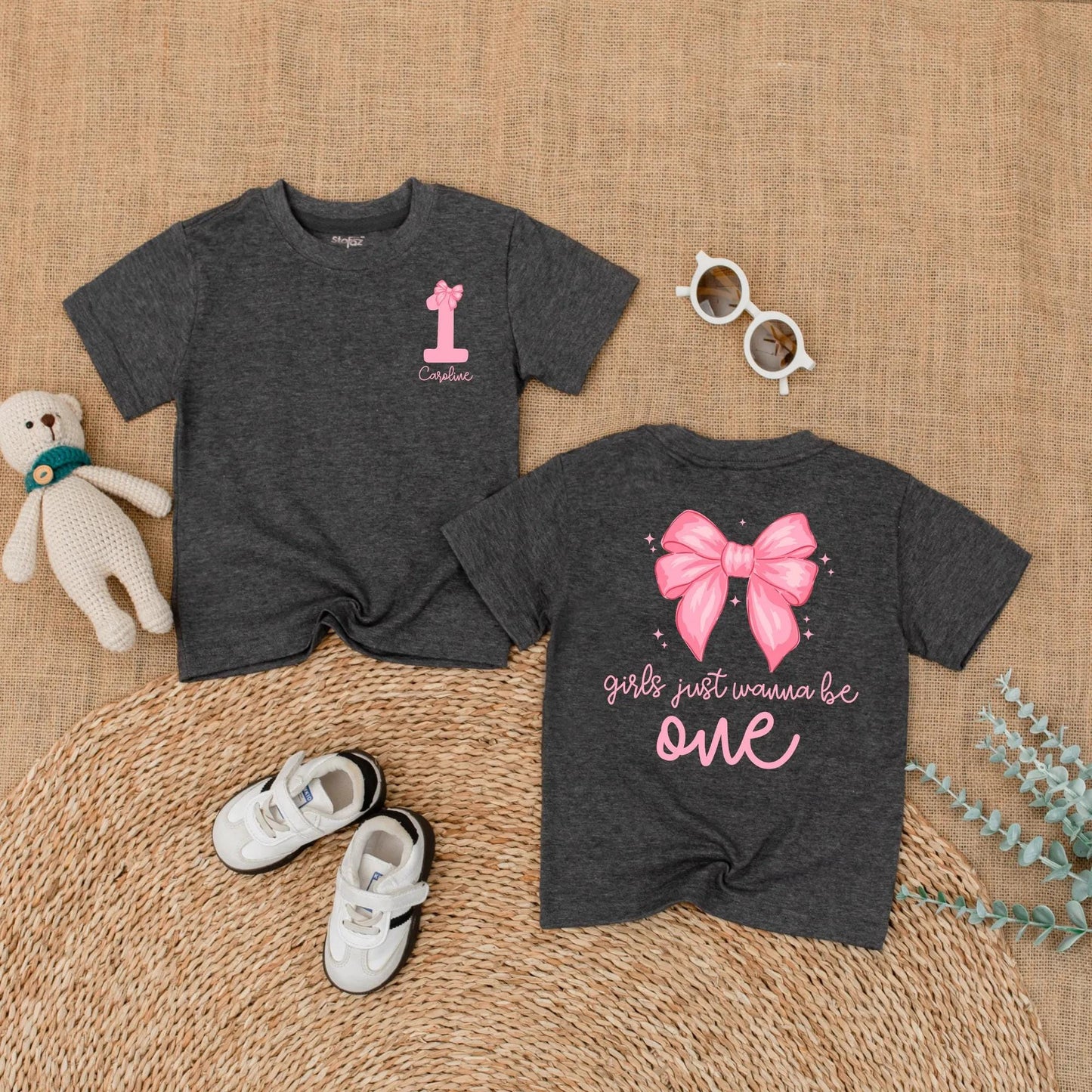 Personalized 1st Birthday Girl Romper, 'Caroline' & Pink Bow, Custom Baby Girl Bodysuit, 'Girls Just Wanna Be One' Outfit, 1 Year Gift