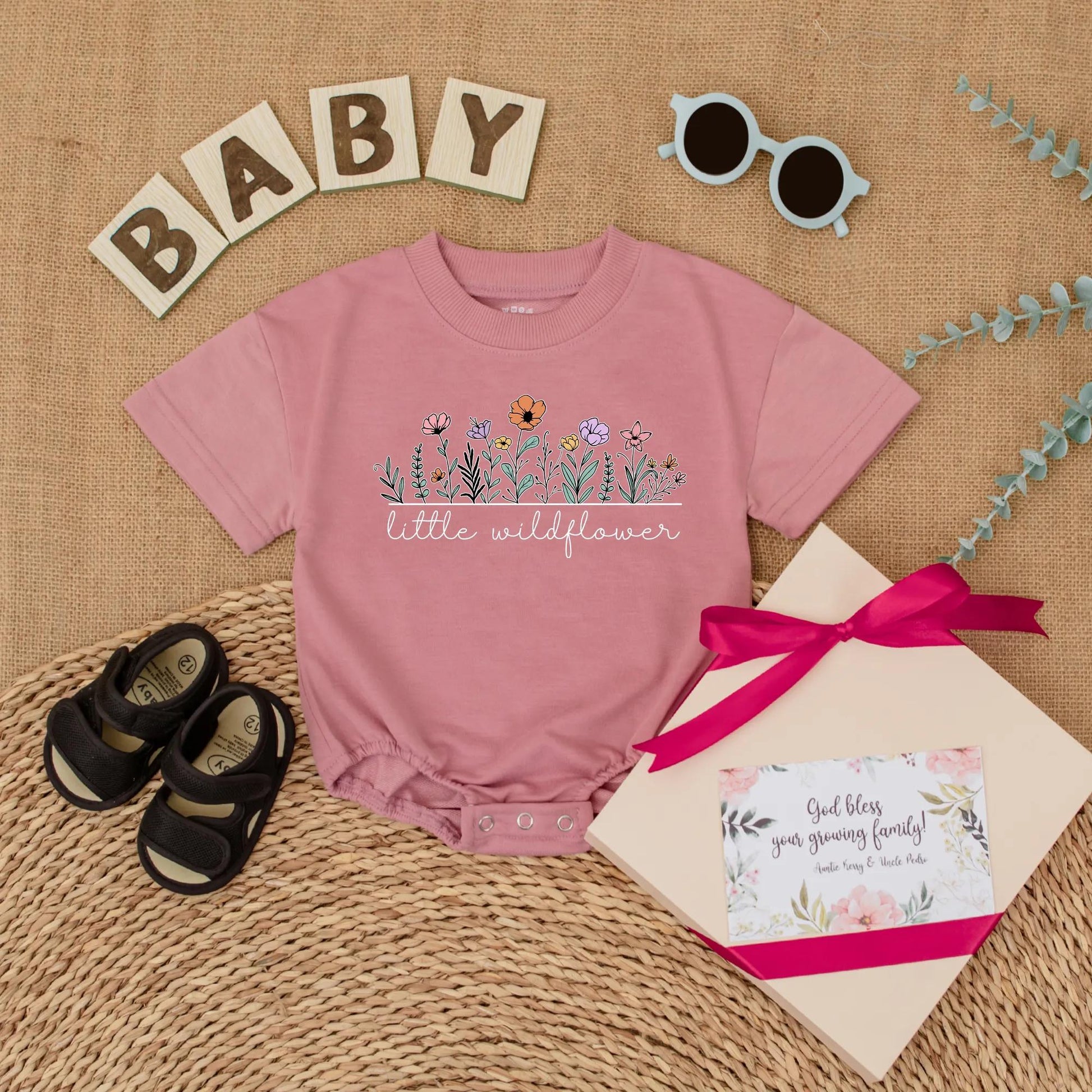 Little Wildflower Baby Romper, Boho Floral Girl Outfit, Soft Summer Bodysuit, "Little Wildflower" Script, Whimsical Baby Shower Gift, Comfortable 138