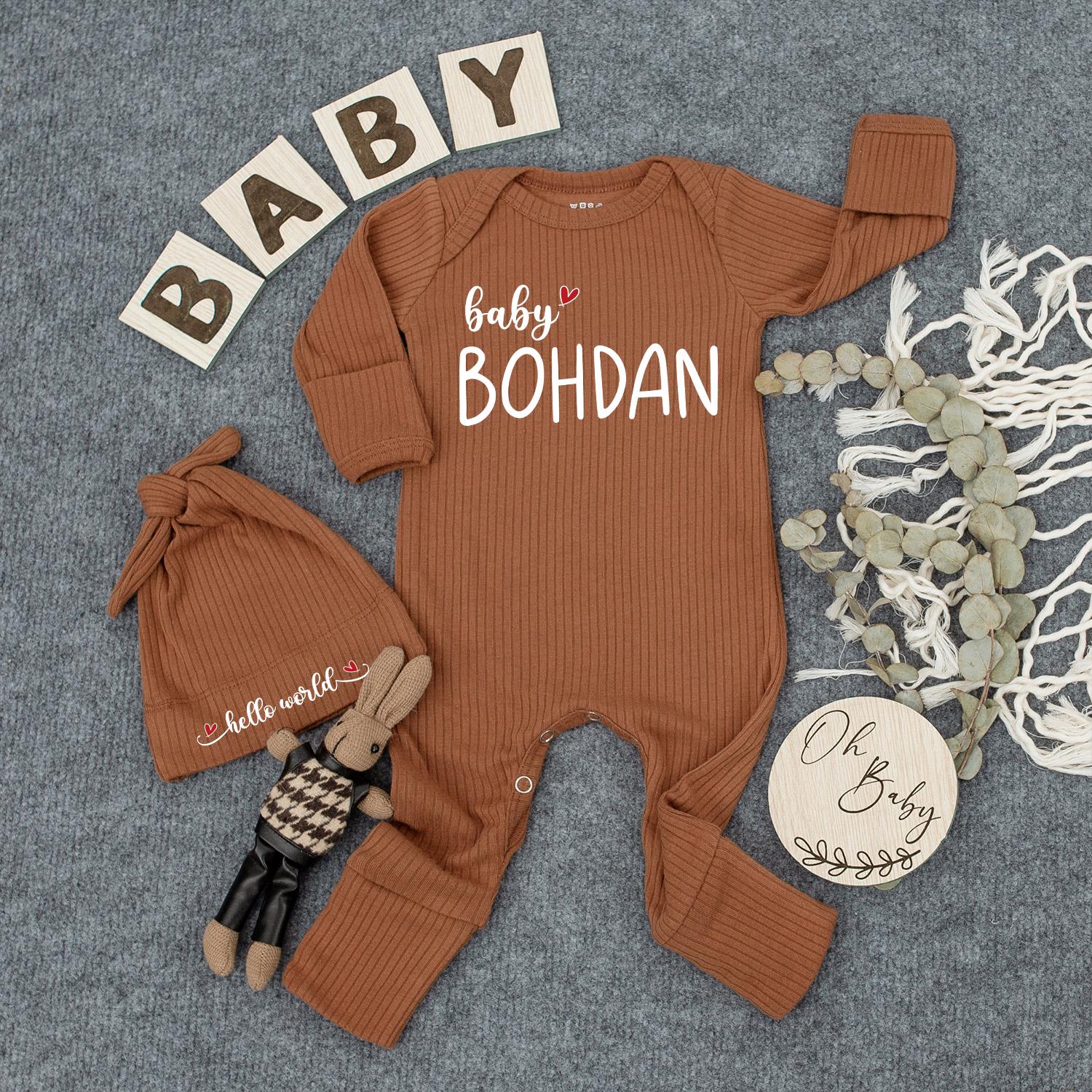 Personalized Baby Name Outfit Neutral Gift Set Hello World Bodysuit Newborn Hospital Coming Home Baby Shower Gift with red heart