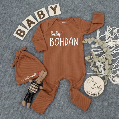 Personalized Baby Name Outfit Neutral Gift Set Hello World Bodysuit Newborn Hospital Coming Home Baby Shower Gift with red heart