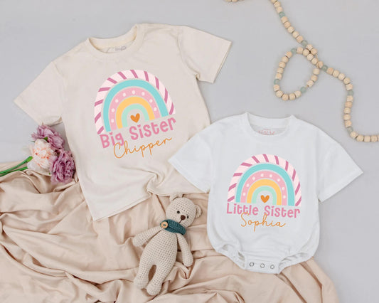 Pastel Rainbow Big Sister Little Sister Shirts Custom Name Outfit Baby Girl Romper Matching Sibling Announcement Gift
