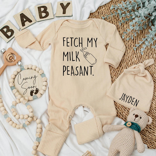 Fetch My Milk Peasant Baby Bodysuit Funny Newborn Outfit Sassy Baby Shower Gift Idea for New Parents Coming Home Cotton