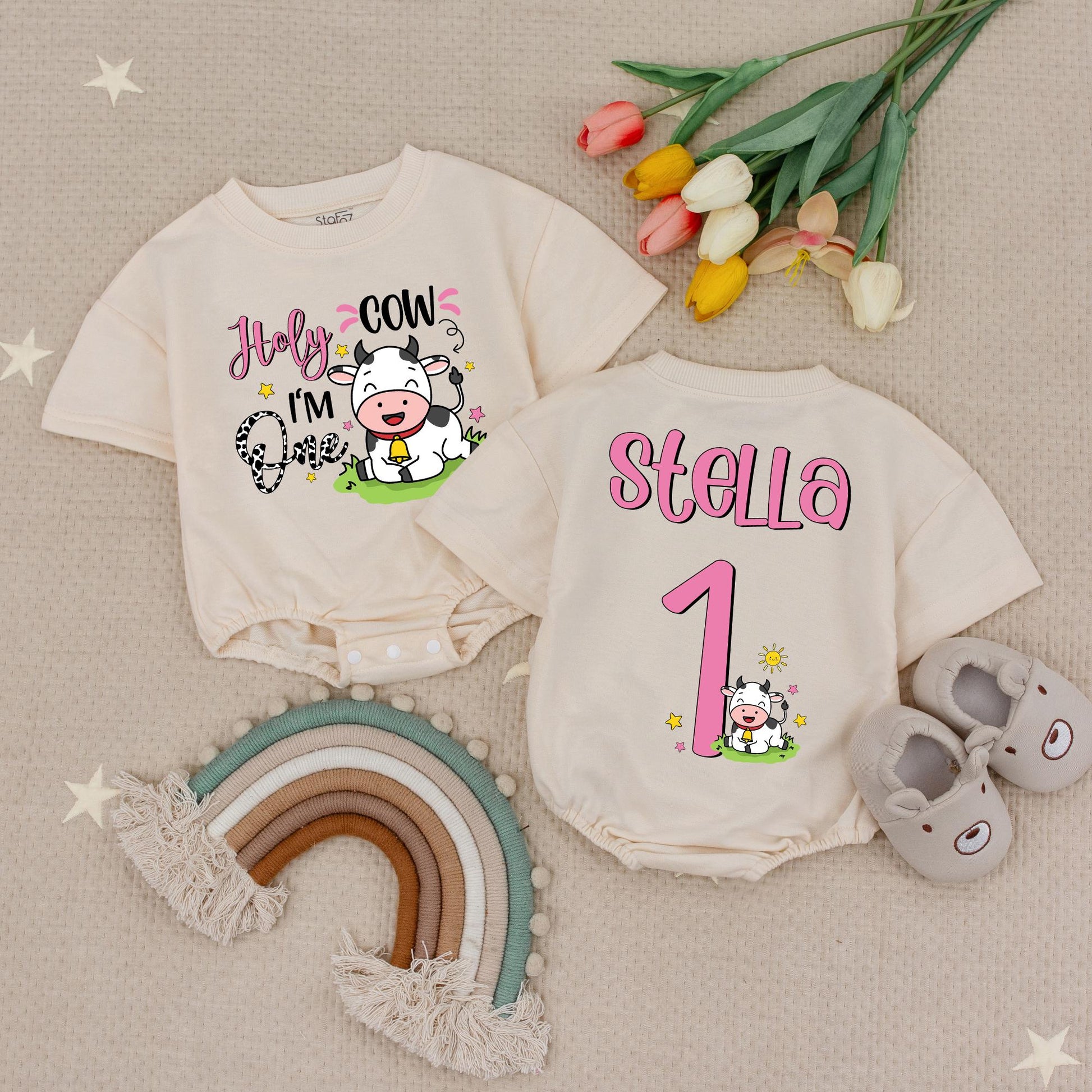 Personalized Holy Cow I'm One 1st Birthday Baby Girl Romper Custom Farm Outfit Cheerful Pink Cow Print Babysuit Whimsical Infant Milestone Celebration