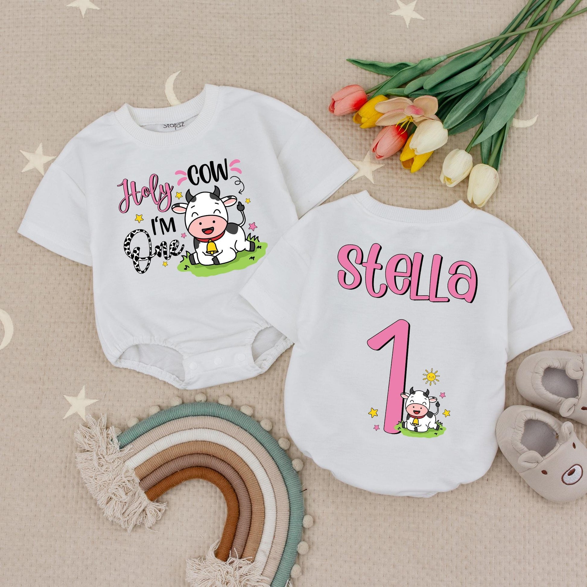 Personalized Holy Cow I'm One 1st Birthday Baby Girl Romper Custom Farm Outfit Cheerful Pink Cow Print Babysuit Whimsical Infant Milestone Celebration