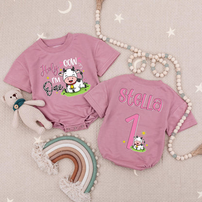 Personalized Holy Cow I'm One 1st Birthday Baby Girl Romper Custom Farm Outfit Cheerful Pink Cow Print Babysuit Whimsical Infant Milestone Celebration