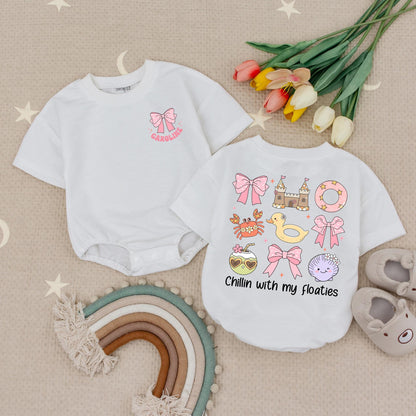 Groovy Summer Baby Romper: Chillin' with My Floaties! Pink Bow, Retro Beach Outfit & Cartoon Fun, Personalized Short Sleeve Romper, Ocean Baby Shower Gift 