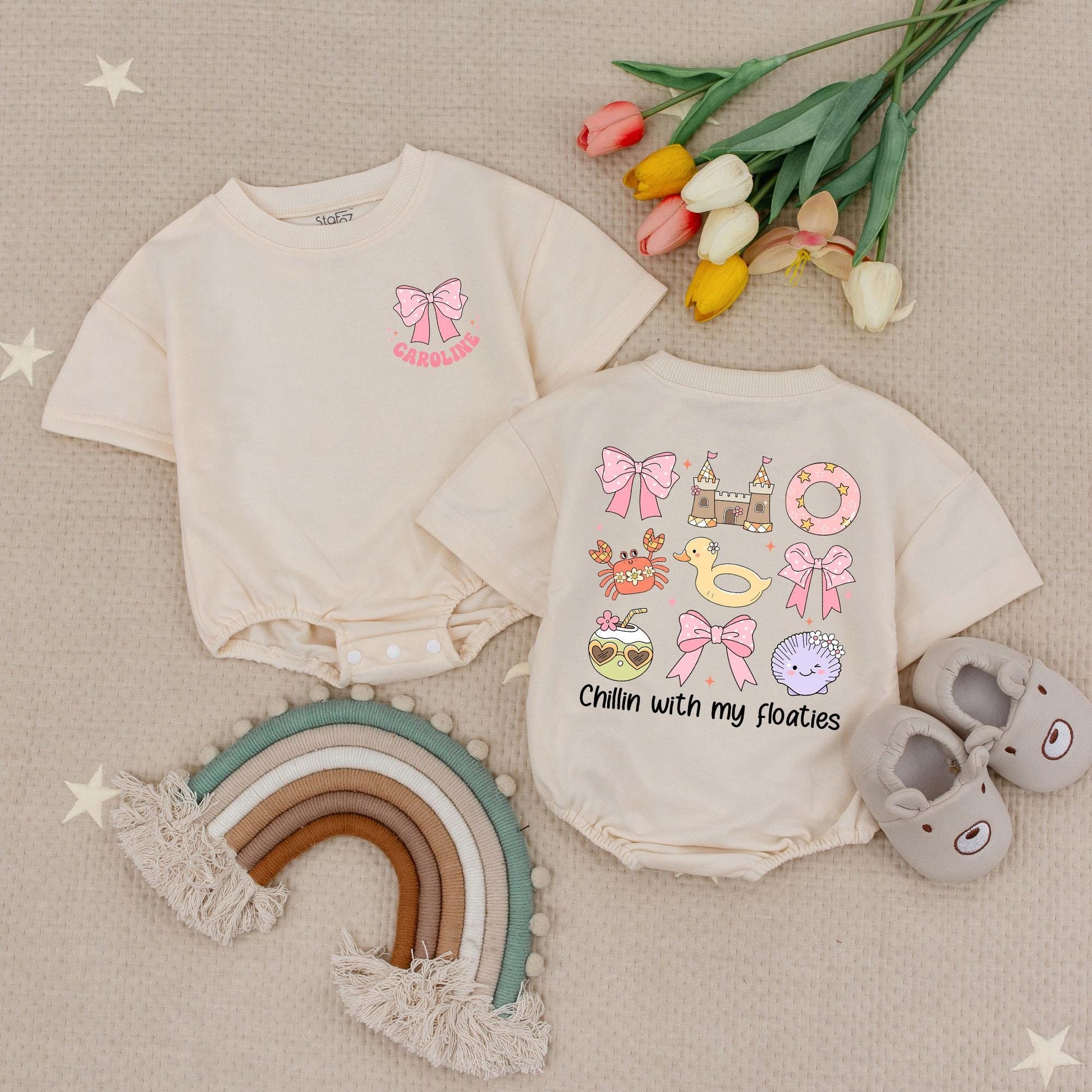Groovy Summer Baby Romper: Chillin' with My Floaties! Pink Bow, Retro Beach Outfit & Cartoon Fun, Personalized Short Sleeve Romper, Ocean Baby Shower Gift 