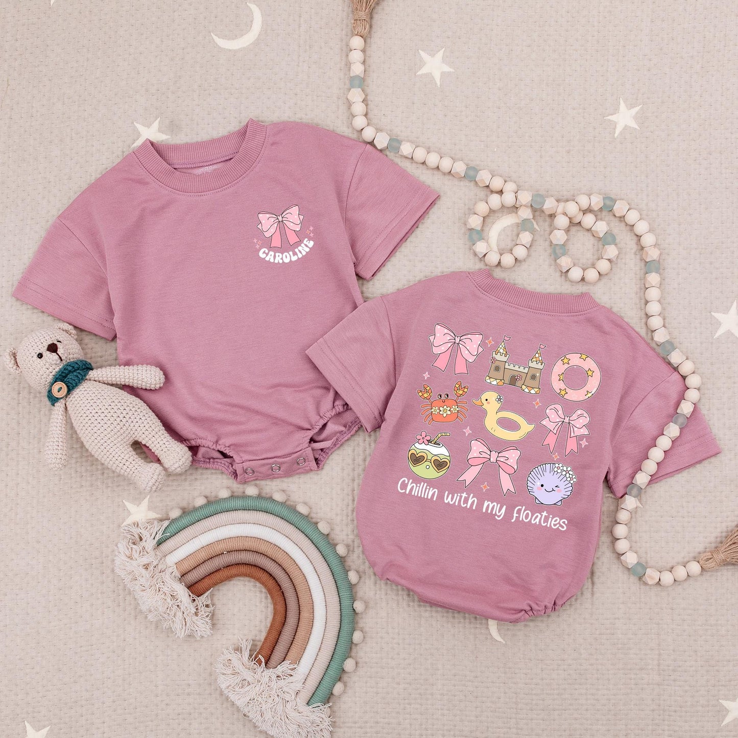 Groovy Summer Baby Romper: Chillin' with My Floaties! Pink Bow, Retro Beach Outfit & Cartoon Fun, Personalized Short Sleeve Romper, Ocean Baby Shower Gift 