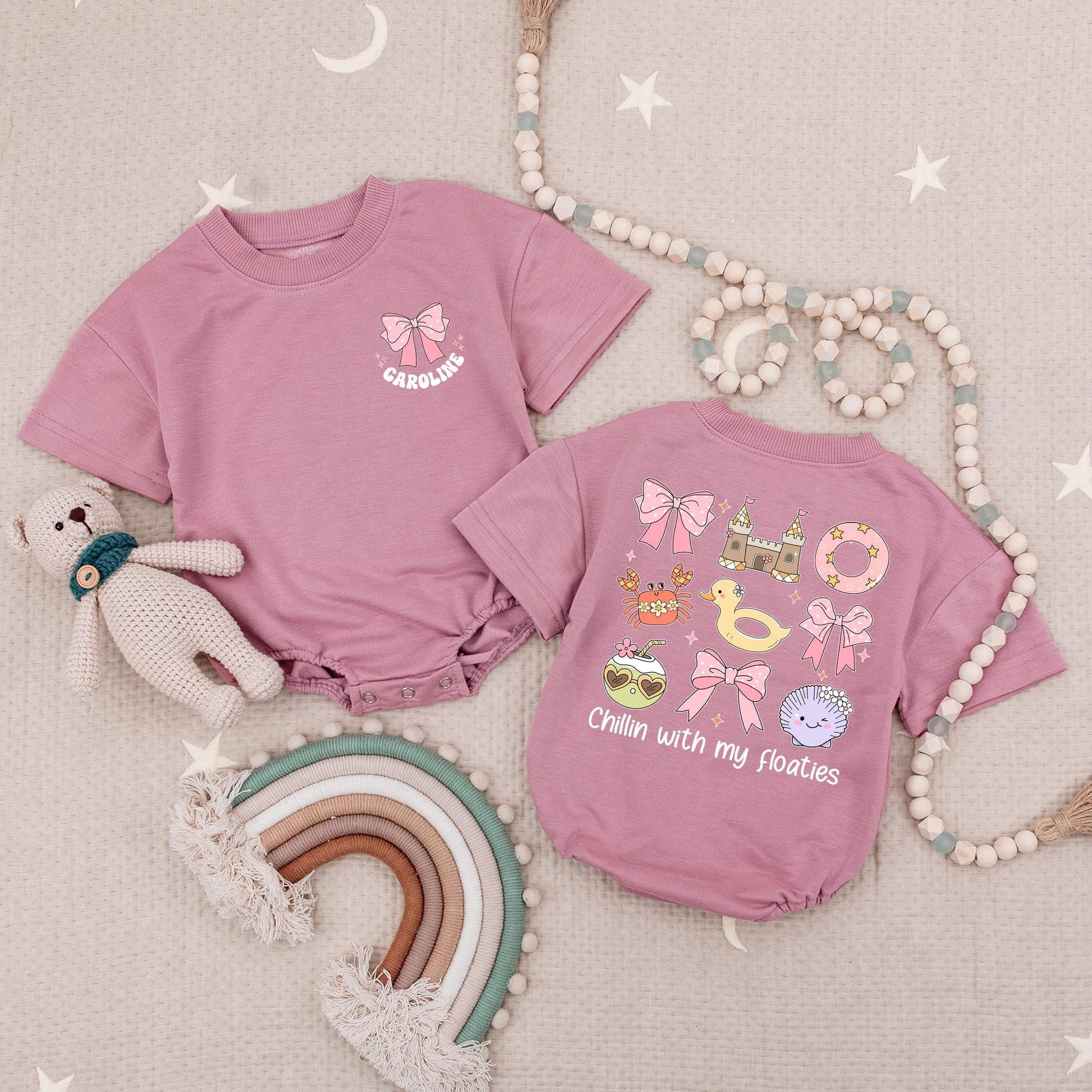 Groovy Summer Baby Romper: Chillin' with My Floaties! Pink Bow, Retro Beach Outfit & Cartoon Fun, Personalized Short Sleeve Romper, Ocean Baby Shower Gift 