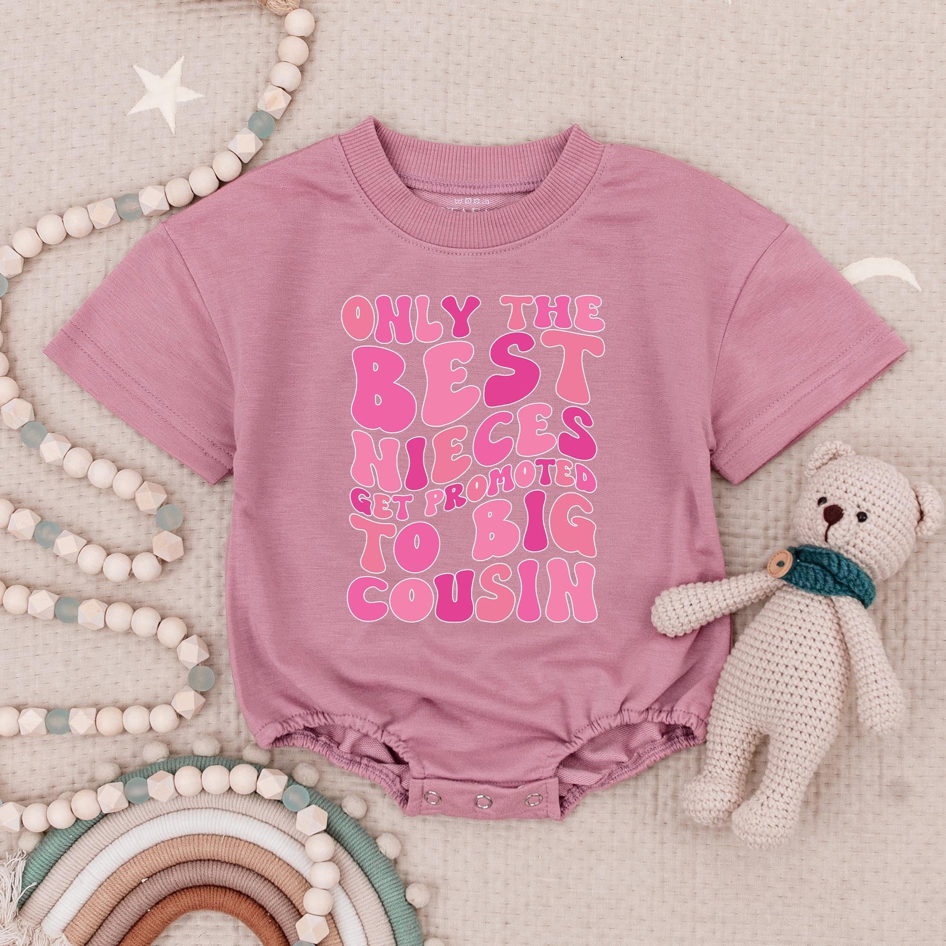 Only The Best Nieces Get Promoted Big Cousin Romper Pink Retro Groovy Playful Text Baby Girl Gift