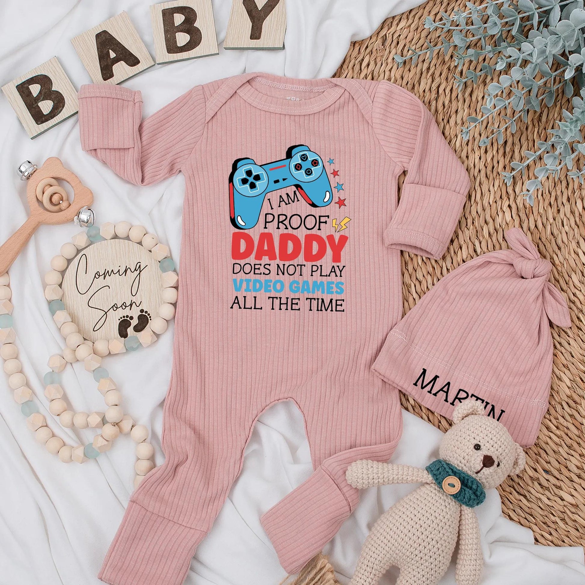 I AM PROOF Daddy Doesn't Play Games Funny Gamer Baby Bodysuit Outfit, Custom Newborn Clothes for Father's Day, Playful Blue Video Game Design 138