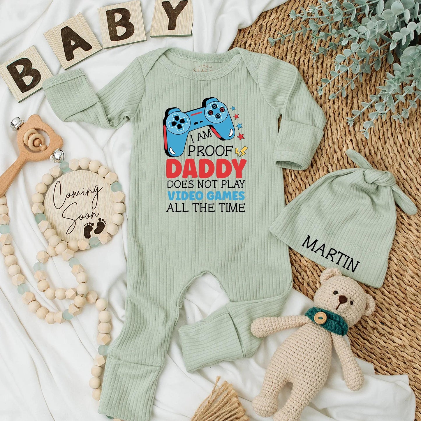 I AM PROOF Daddy Doesn't Play Games Funny Gamer Baby Bodysuit Outfit, Custom Newborn Clothes for Father's Day, Playful Blue Video Game Design 138