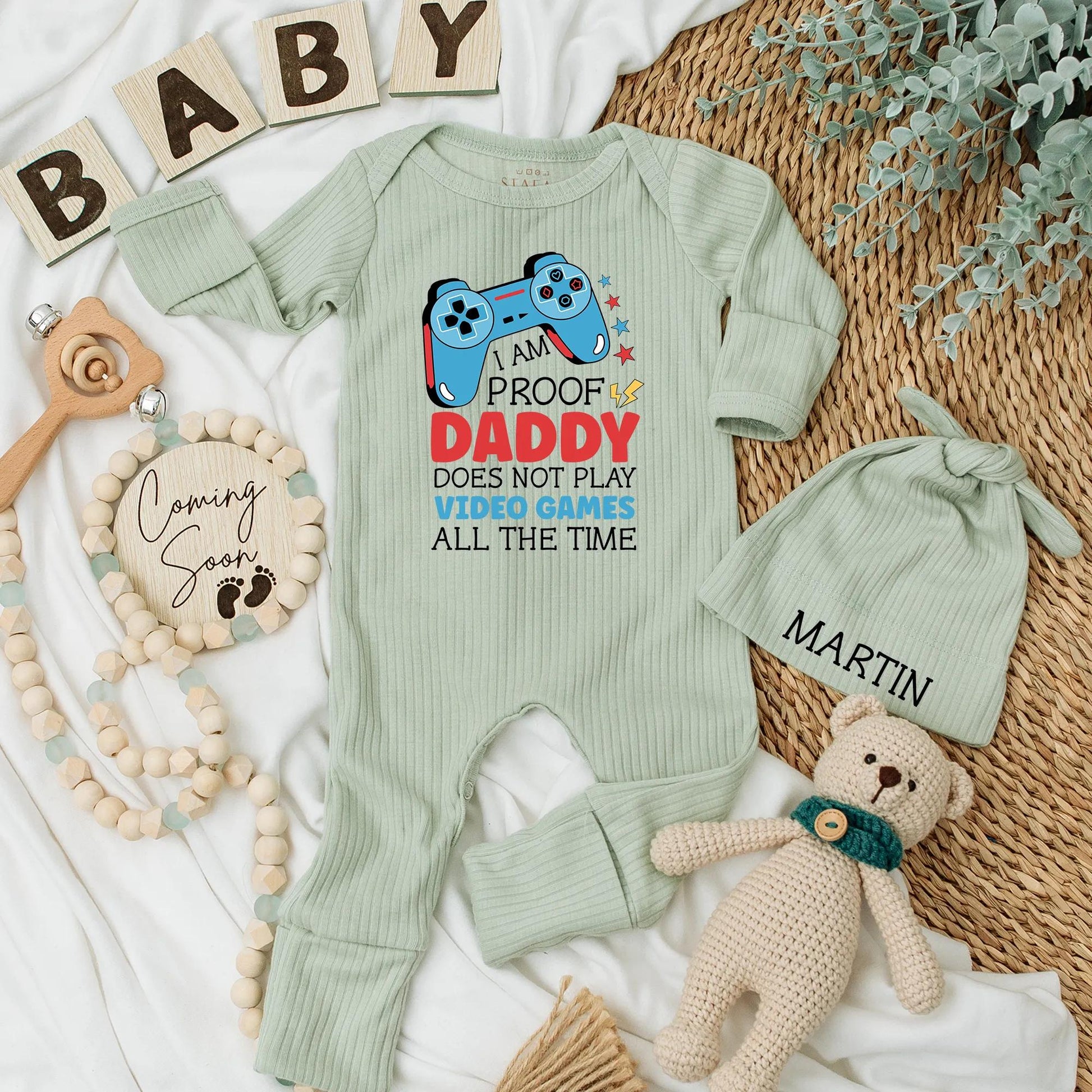 I AM PROOF Daddy Doesn't Play Games Funny Gamer Baby Bodysuit Outfit, Custom Newborn Clothes for Father's Day, Playful Blue Video Game Design 138