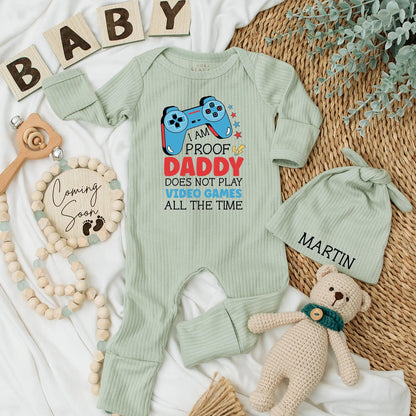 I AM PROOF Daddy Doesn't Play Games Funny Gamer Baby Bodysuit Outfit, Custom Newborn Clothes for Father's Day, Playful Blue Video Game Design 138
