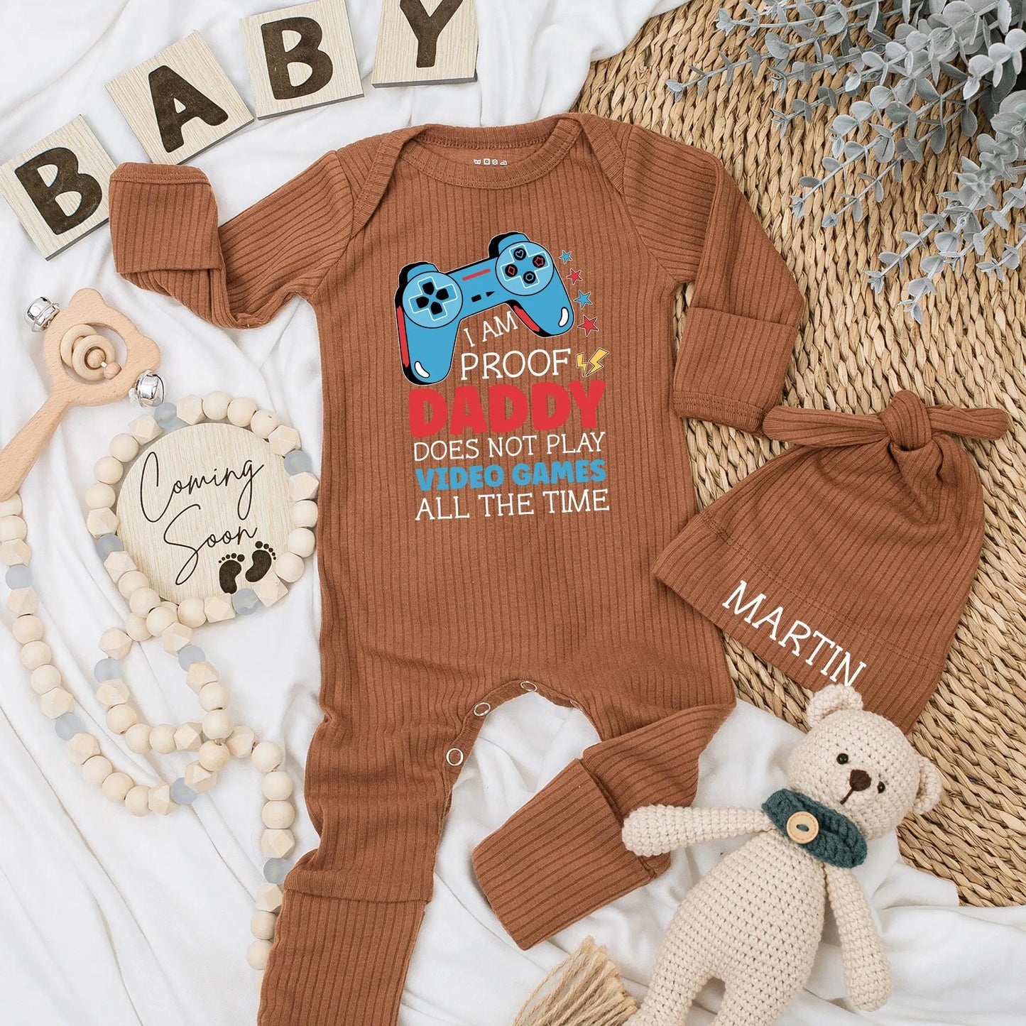 I AM PROOF Daddy Doesn't Play Games Funny Gamer Baby Bodysuit Outfit, Custom Newborn Clothes for Father's Day, Playful Blue Video Game Design 138