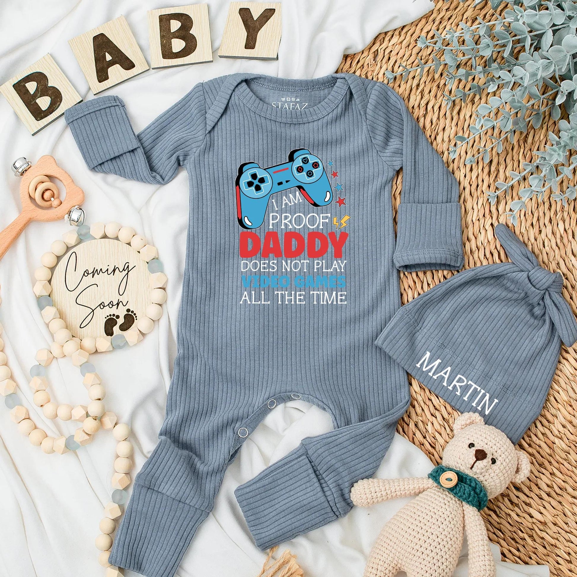 I AM PROOF Daddy Doesn't Play Games Funny Gamer Baby Bodysuit Outfit, Custom Newborn Clothes for Father's Day, Playful Blue Video Game Design 138
