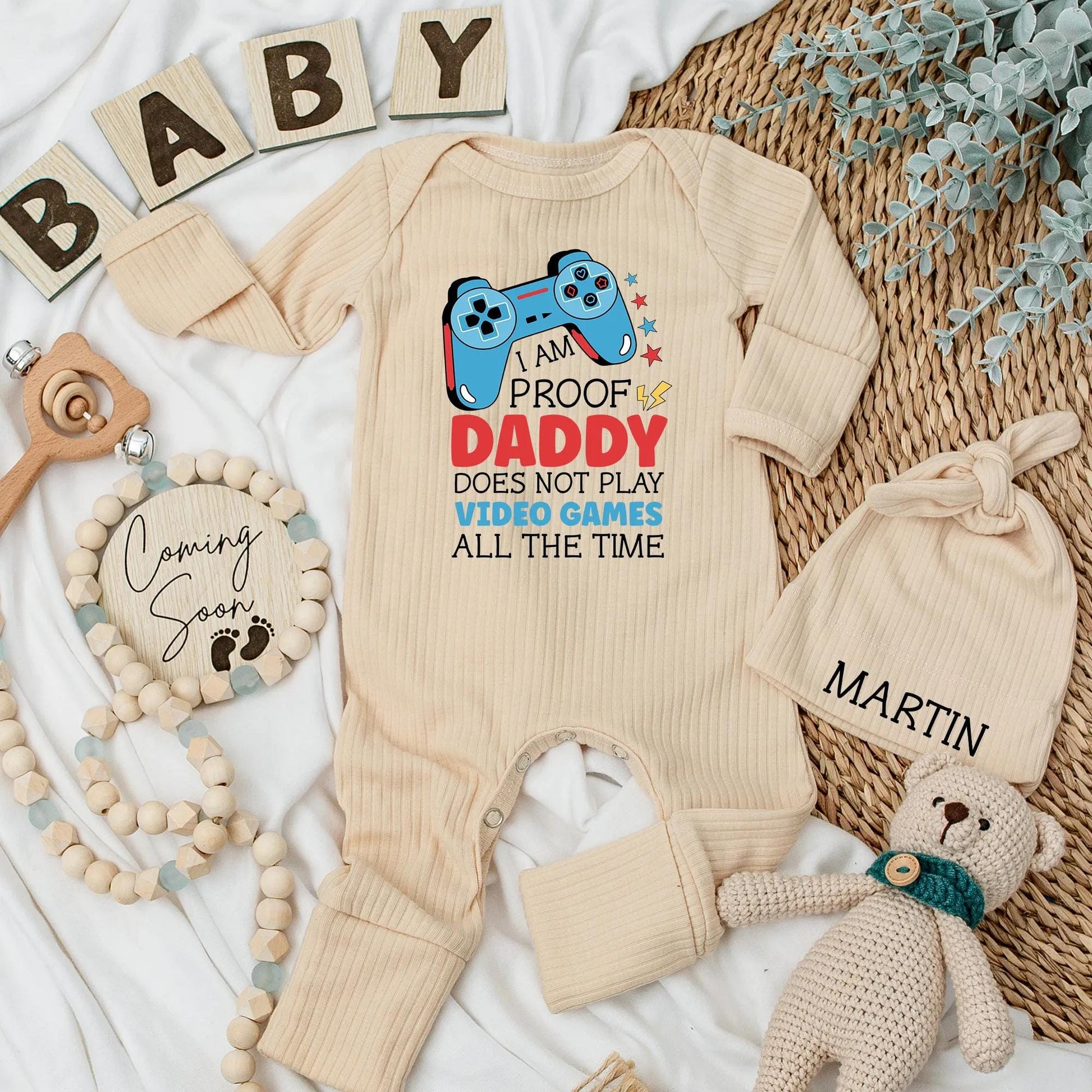 I AM PROOF Daddy Doesn't Play Games Funny Gamer Baby Bodysuit Outfit, Custom Newborn Clothes for Father's Day, Playful Blue Video Game Design 138