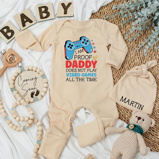 I AM PROOF Daddy Doesn't Play Games Funny Gamer Baby Bodysuit Outfit, Custom Newborn Clothes for Father's Day, Playful Blue Video Game Design 138