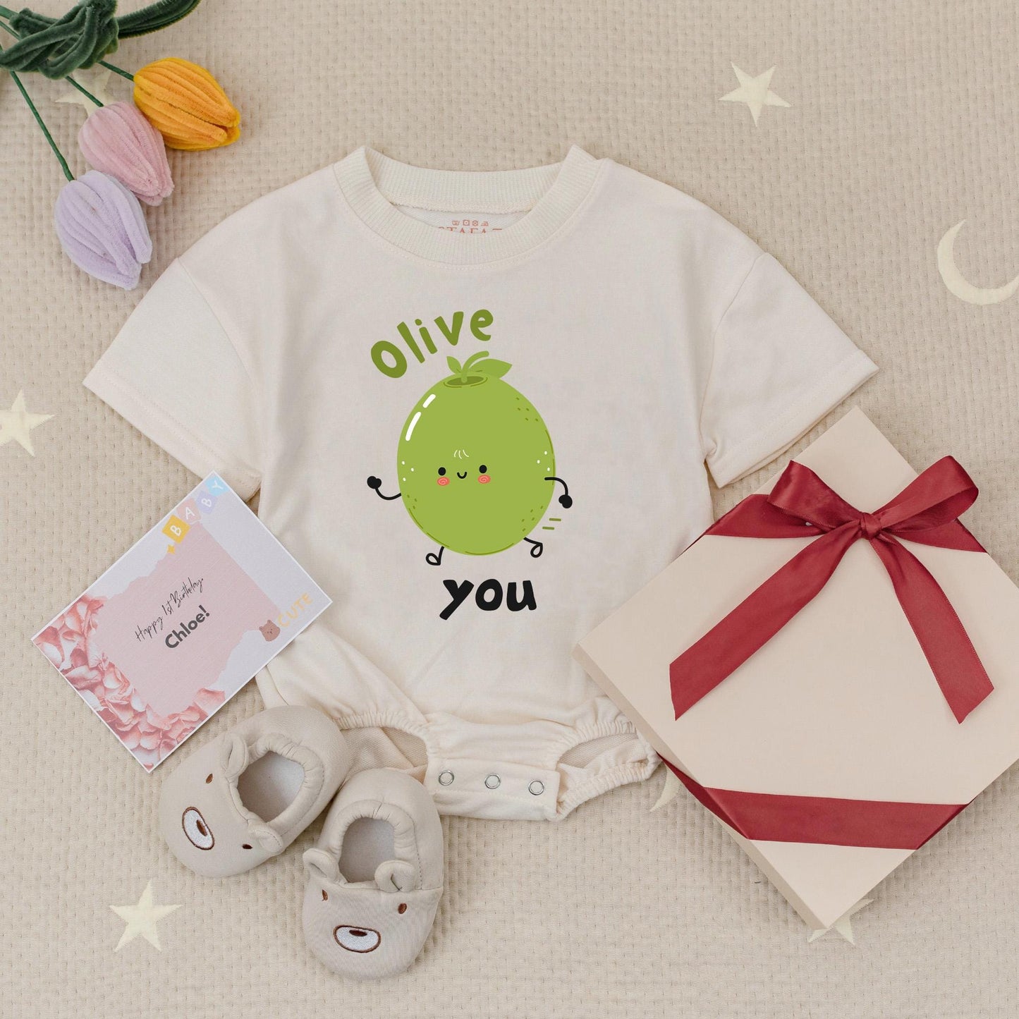 Cute Olive You Baby Romper Minimalist Cartoon Olive with Smiley Face Baby Shower Gift Organic Cotton Newborn Outfit Gender Neutral